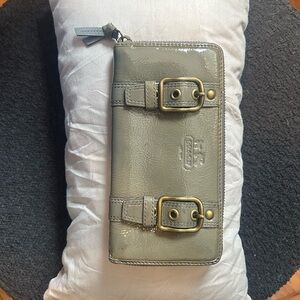 Coach Olive Patent Leather Zip Wallet with Double Buckles